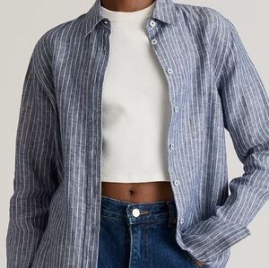 Quince Blue 100% euro linen chambray striped button up blouse women's Large NWT